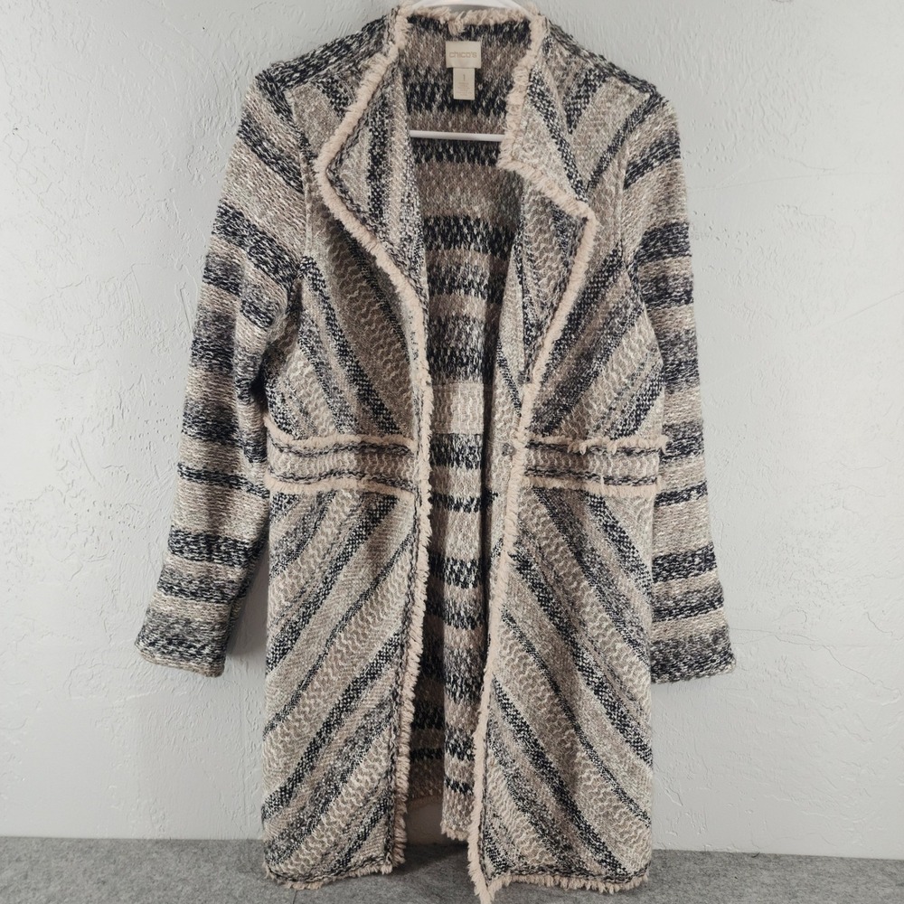 Chicos Neutral Striped‎ Fringed Open Front Knit Cardigan Jacket Womens Size 1 M